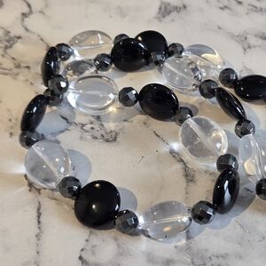 Black Onyx,  Clear Crystal & Hematite 925 Strand Necklace